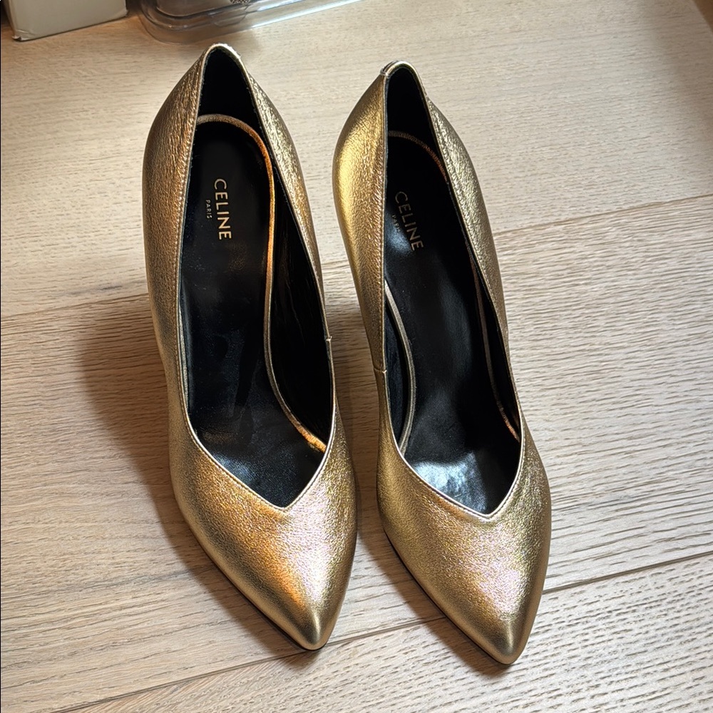 Celine Metallic Gold Pointed-Toe Pumps